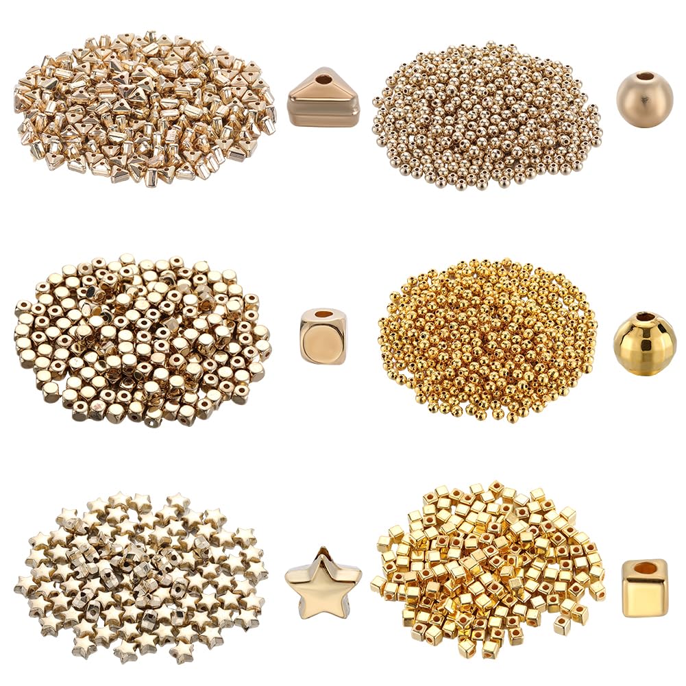 SUNNYCLUE 1500Pcs CCB Plastic Beads Bulk Tiny Square Round Beads Small Gold Cube Star Triangle Ball Hole Mini Loose Spacer Beads for jewellery Making Bracelets Beading DIY Necklace Earring Beginners