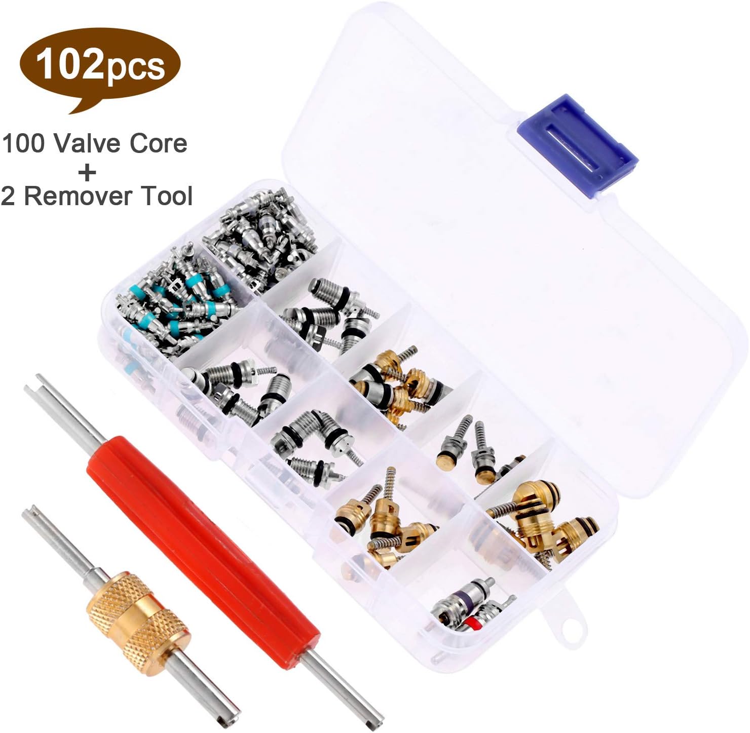 102Pcs Car Air Conditioning Valve Core Kit, Auto AC Repair Complete Tool Box Set, A/C R12 R134A 100Pcs Refrigeration Tire Valve Stem Cores, 2Pcs Removal Tool, for Car Air Contitionaing Repair: Automotive