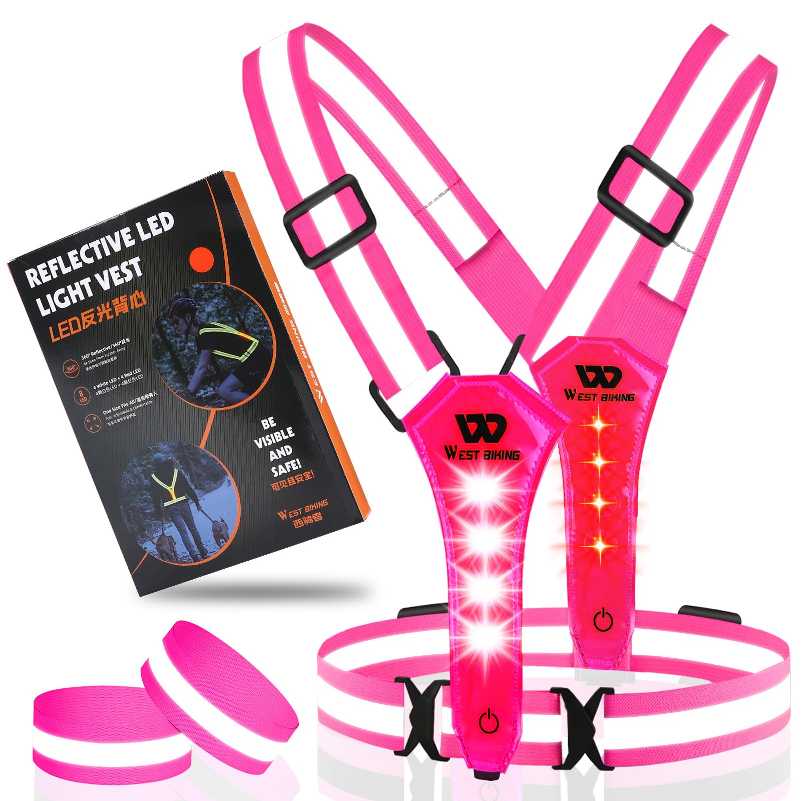 ICOCOPRO LED Reflective Vest Running Gear, High Visibility Running Vest USB Rechargeable Running Lights for Runners with Armbands, 360° Visibility, Adjustable LED Vest Lights for Night Jogging Running