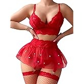 Foxiny Sexy Stocking Mini Skirt Wireless Mesh Lace Garter Lingerie with Thong Set 4 Pieces