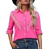 Women's Fringe Trim Shirts Long Sleeve Button Down Rhinestone Top Sparkly Shirt Blouse Cowgirl Western Country Concert Outfit