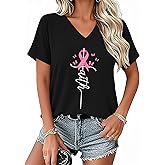 PECHAR Breast Cancer Shirts for Women: Pink Ribbon Breast Cancer Awareness T-Shirts Faith Inspirational Vneck Blouse Tops