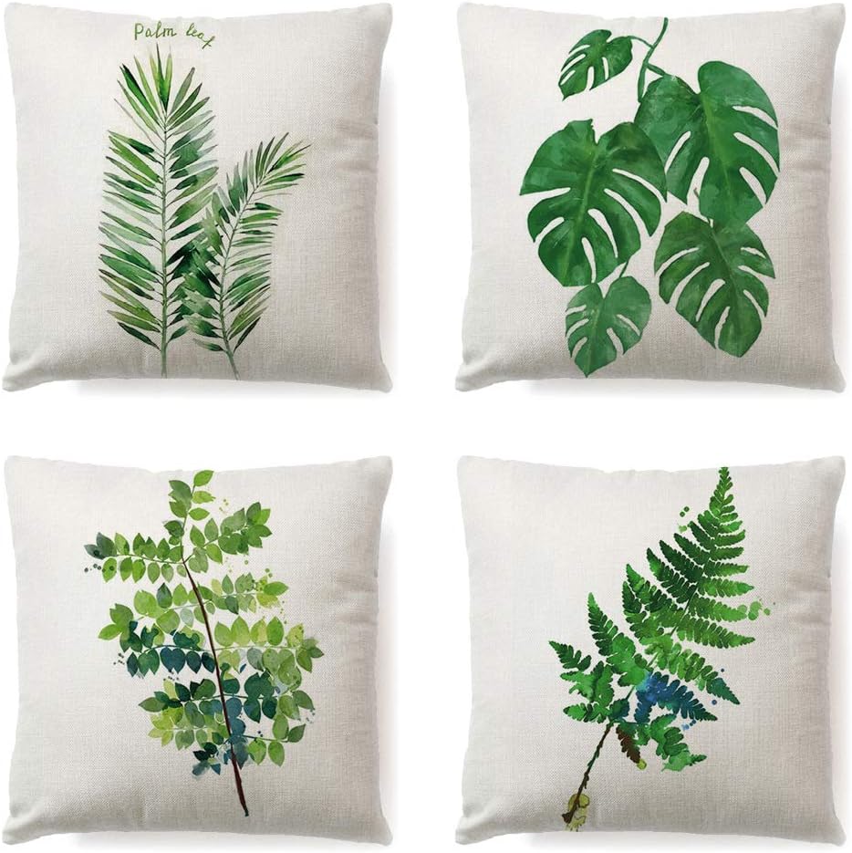 LYNKO Cushion Covers 45 x 45cm,Set of 4 Linen Pillow Covers Decorations Tropical Plant Leaves Pattern for Sofa, Outdoor Garden, Bed, Couch, Car(18"x18")