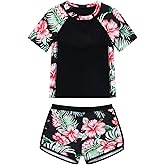 ESHOO Kids Girls Rash Guard Swimsuit 2-Piece Bathing Suit UPF 50+ Summer Beach Swimwear for Teen Girls