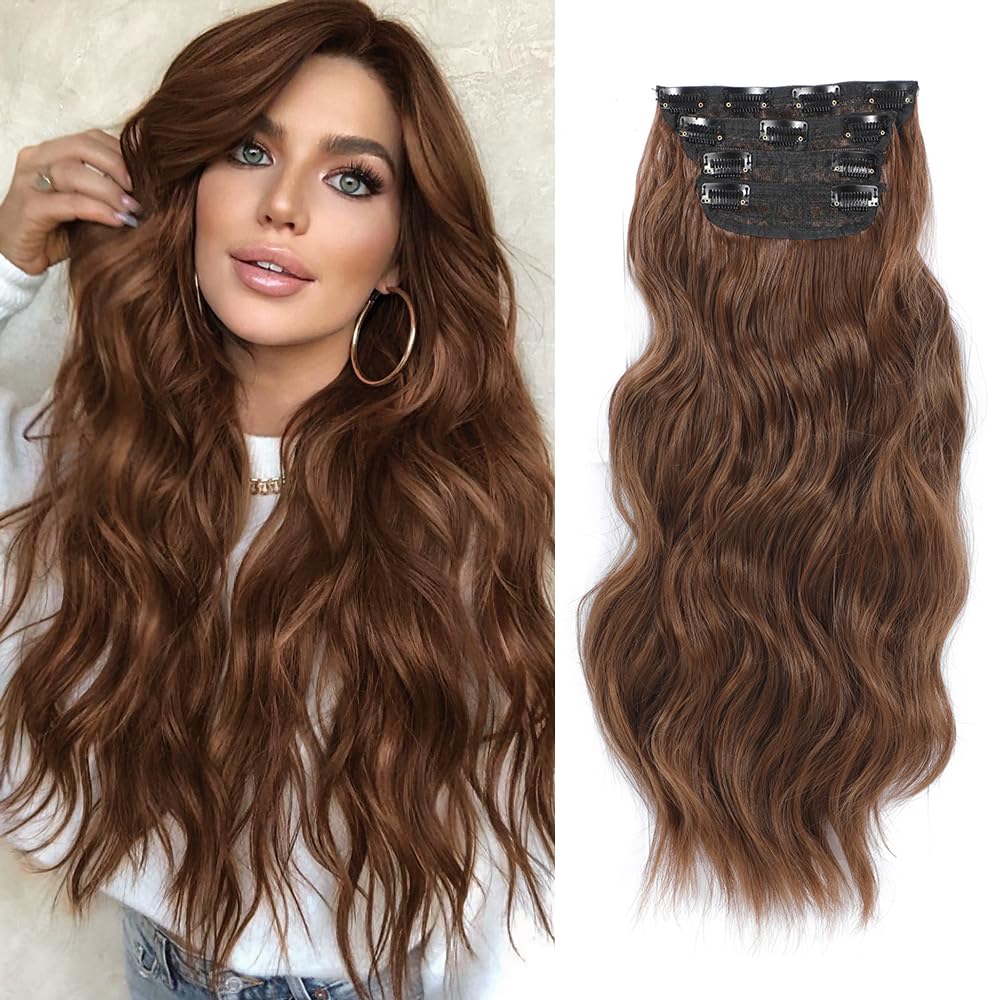 Hair Extensions Clip in 4PCS Auburn Brown 20Inch Hair Extension Long Wavy Full Head Clip in Hair Extension Synthetic Fiber Hair Pieces for Women — image 1