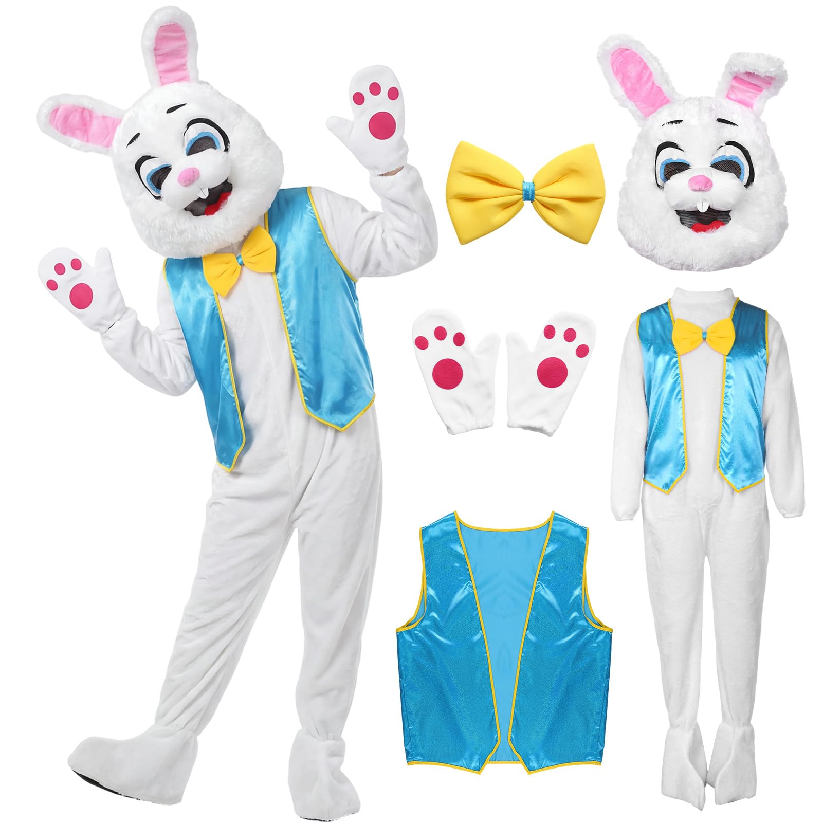 Forfamy Easter Bunny Costume Adult Mascot Rabbit Suit with Head Deluxe White Jumpsuit for Easter Events Party (Style-2)