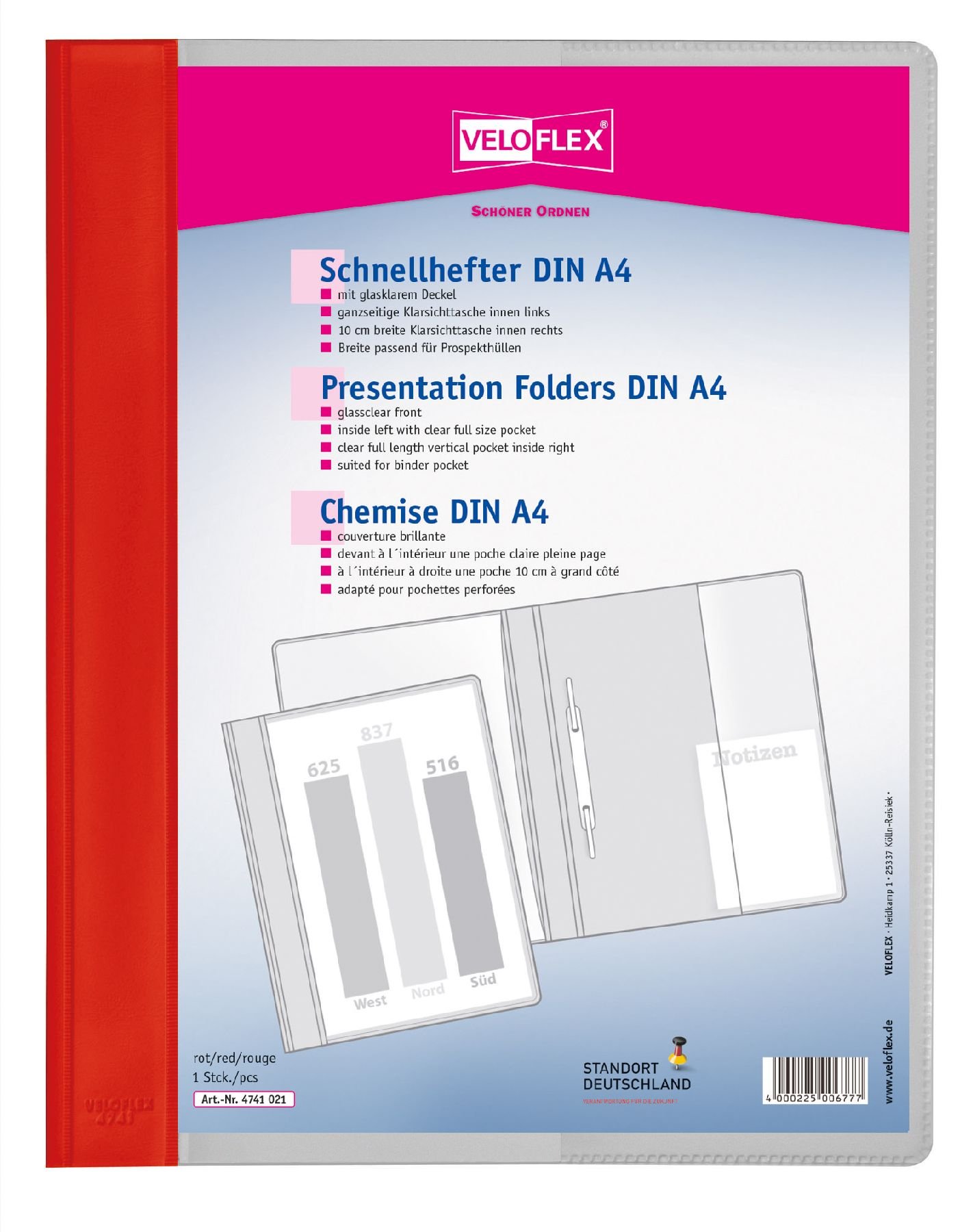 VELOFLEX Schnellhefter VELOFORM Schnellhefter A4 PVC 180my Rot Deckel GK Pass.F.PROSPEKTH.M.TAS