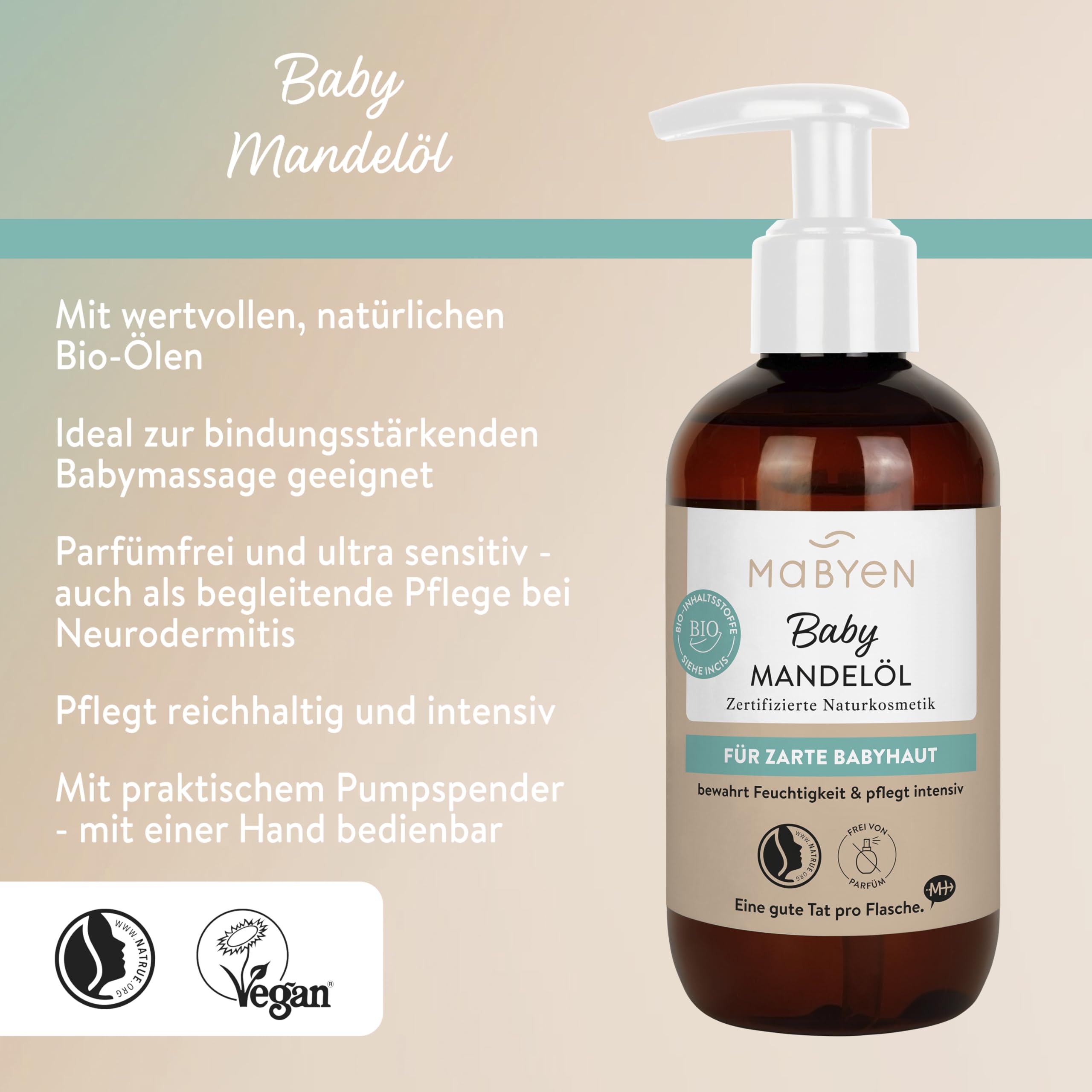 MABYEN Baby Pflegeöl Mandel – Pflege- & Massageöl für Babys, parfümfrei & ultra sensitiv, mit Bio-Mandelöl, Jojobaöl & Pflaumenkernöl, für Babypflege & Babymassage, 200 ml 2
