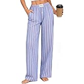 SWOMOG Women 100% Cotton Pajama Pants Striped Plaid Pj Trousers Drawstring Gingham Bottoms Casual Wide Leg Pant with Pocket