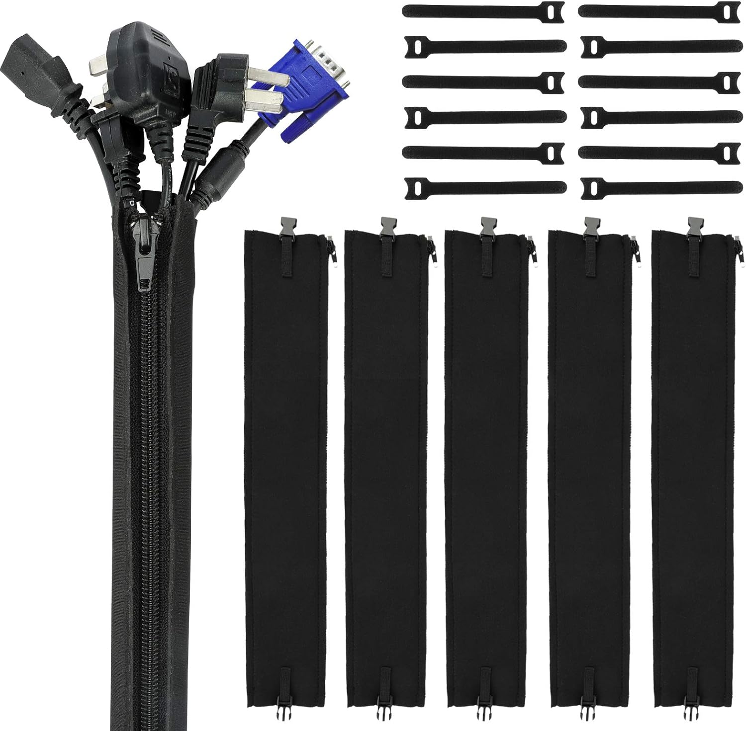 WOVTE Cable Management Sleeves, 6pcs 50cm Cable Sleeves and 12pcs 14cm