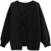 Lumister Cute Oversized Cardigan Sweaters for Women Y2K Long Sleeve V Neck Bow Tie Front Cadigan Knitwears Bow Tops