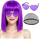 PLULON Purple Bob Wig with Bangs, Short Straight Bob Wig with Heart Sunglasses 12 Inch Shoulder Length Heat Resistant Synthetic Hair for Women Natural Look Daily Use Cosplay Halloween Costume Party