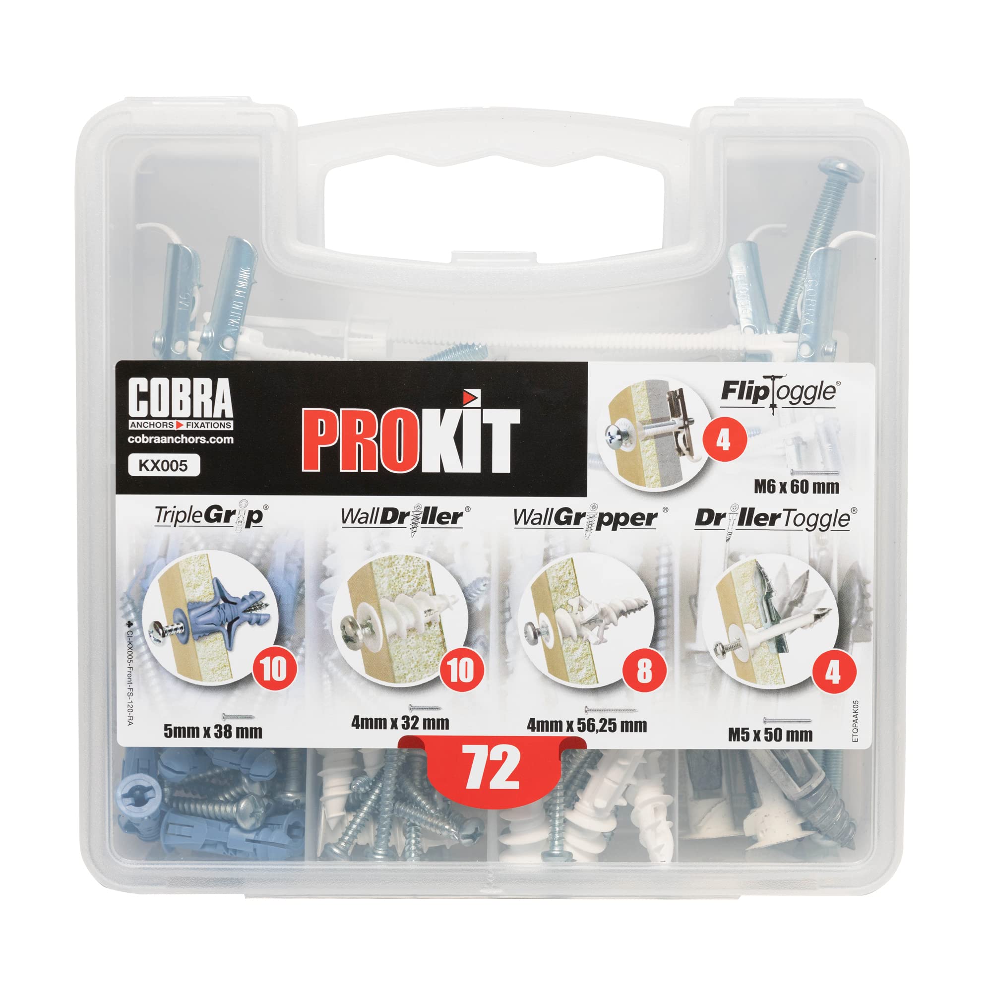 COBRA ANCHORS Wall Fixings PROKIT - 5 Types of Fixing - for Plasterboard, Masonry and Multimaterial Walls - TripleGrip, WallDriller, WallGripper, DrillerToggle and FlipToggle - Contains 72 Fixings