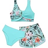 Weixinbuy Girl's 3 Piece Swimsuit Teen Swimwear Tropical Print Twist Cross Bikini Bathing Suit with Cover Up Shorts Size 9-16