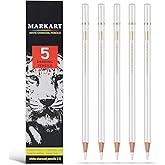 MARKART Professional White Charcoal Pencils Set, 5 Pieces | Sketch Highlight Charcoal Pencils for Drawing, Sketching, Shading, Blending, White Chalk Pencils for Beginners &amp; Artists