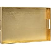 MAONAME Modern Gold Decorative Tray with Handles, Gold Leaf Serving Tray for Coffee Table, Rectangle Bathroom Decor Trays, 15.8" L x 10.2" W x 1.4" H