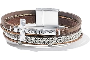 FANCY SHINY Cross Leather Bracelets Christian Jewelry Religious Gifts for Women Boho Wrap Cuff Bangle Bracelets with Magnetic Clasp Stocking Stuffers Christmas Gift
