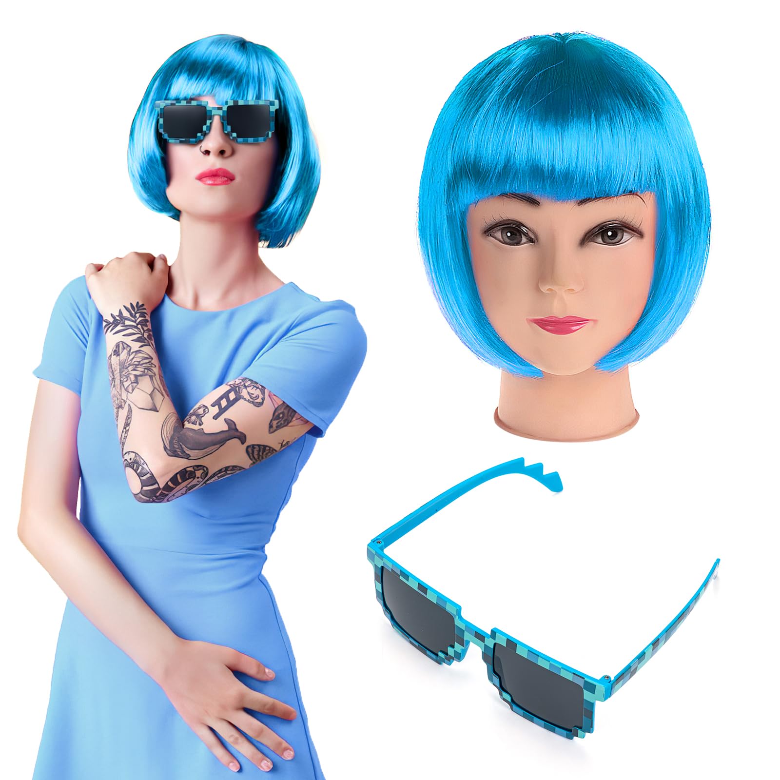 Ladies Short Bob Hair Wig, Costume Cosplay Wigs Daily Party Hairpiece for Women Girls, Bob Colorful Wigs Fancy Dress Accessory for Disco Bachelorette Party Night Club, with Sunglasses, Light Blue