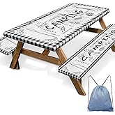 Britown Picnic Table Cover with Bench Covers Elastic Edges, Farm Plaid Fitted Table Cover, Outdoor Patio Camping Essentials 72 Inch 3PCS, Waterproof Camping Fitted Tablecloth with Drawstring Bag
