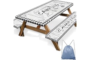 Britown Picnic Table Cover with Bench Covers Elastic Edges, Farm Plaid Fitted Table Cover, Outdoor Patio Camping Essentials 72 Inch 3PCS, Waterproof Camping Fitted Tablecloth with Drawstring Bag