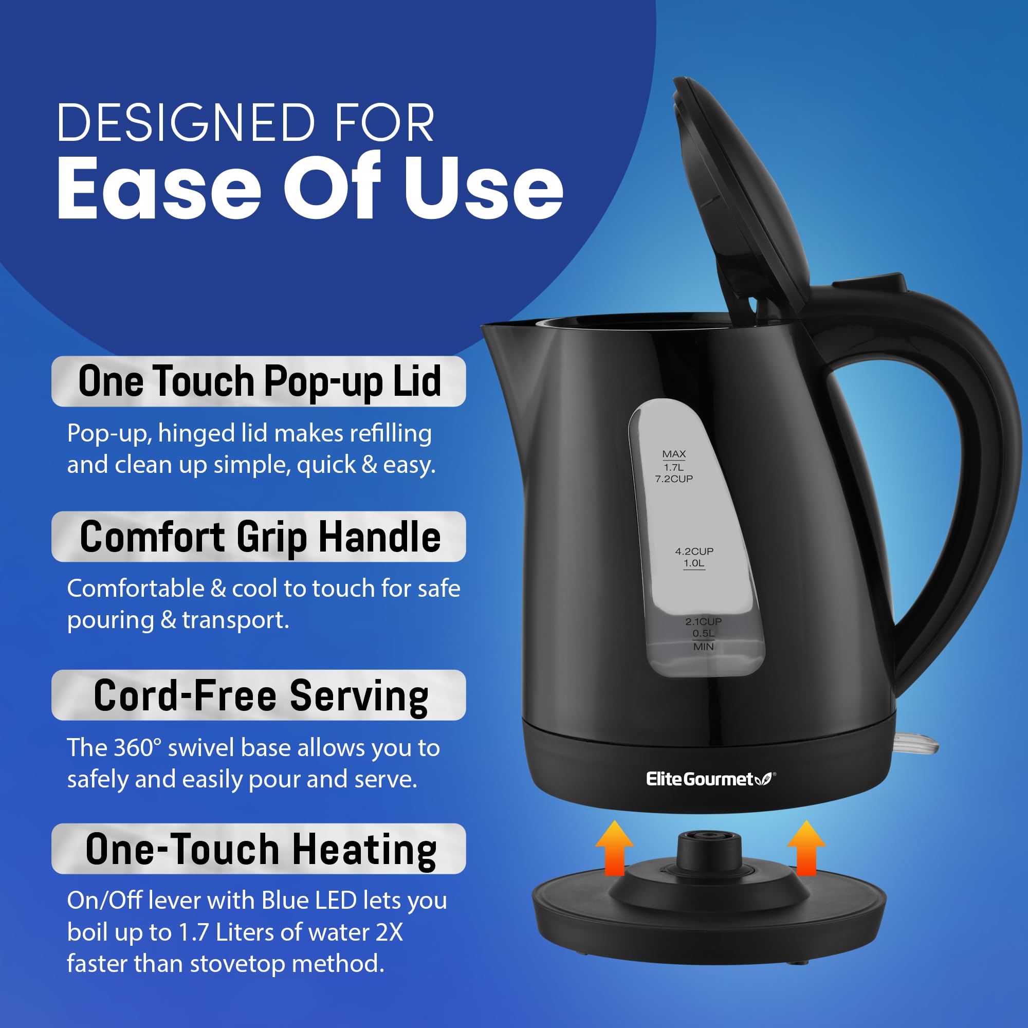Elite Gourmet EKT8690 1.7L Electric Tea Kettle 1500W Hot Water Heater Boiler BPA-Free, Fast Boil, Water Level Window and Auto Shut-Off, Black - Image 3