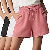 Neer 3 Pack Women's Linen Cotton Shorts with Pockets Drawstring High Elastic Waisted Wide Leg Loose Casual Summer Shorts(Black, White, Pink,Medium)