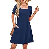 RUMIA Summer Dresses for Women 2025 Casual Cute Square Neck Puff Short Sleeve Dress with Pockets