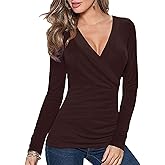 Afibi Womens Slim Fitted Deep V Neck Cross Wrap Top Long Sleeve T-Shirts