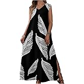 BEAUDRM Women's Leaf Print Tank Dress V Neck Sleeveless Flowy Maxi Dresses Beach Vacation Clothes