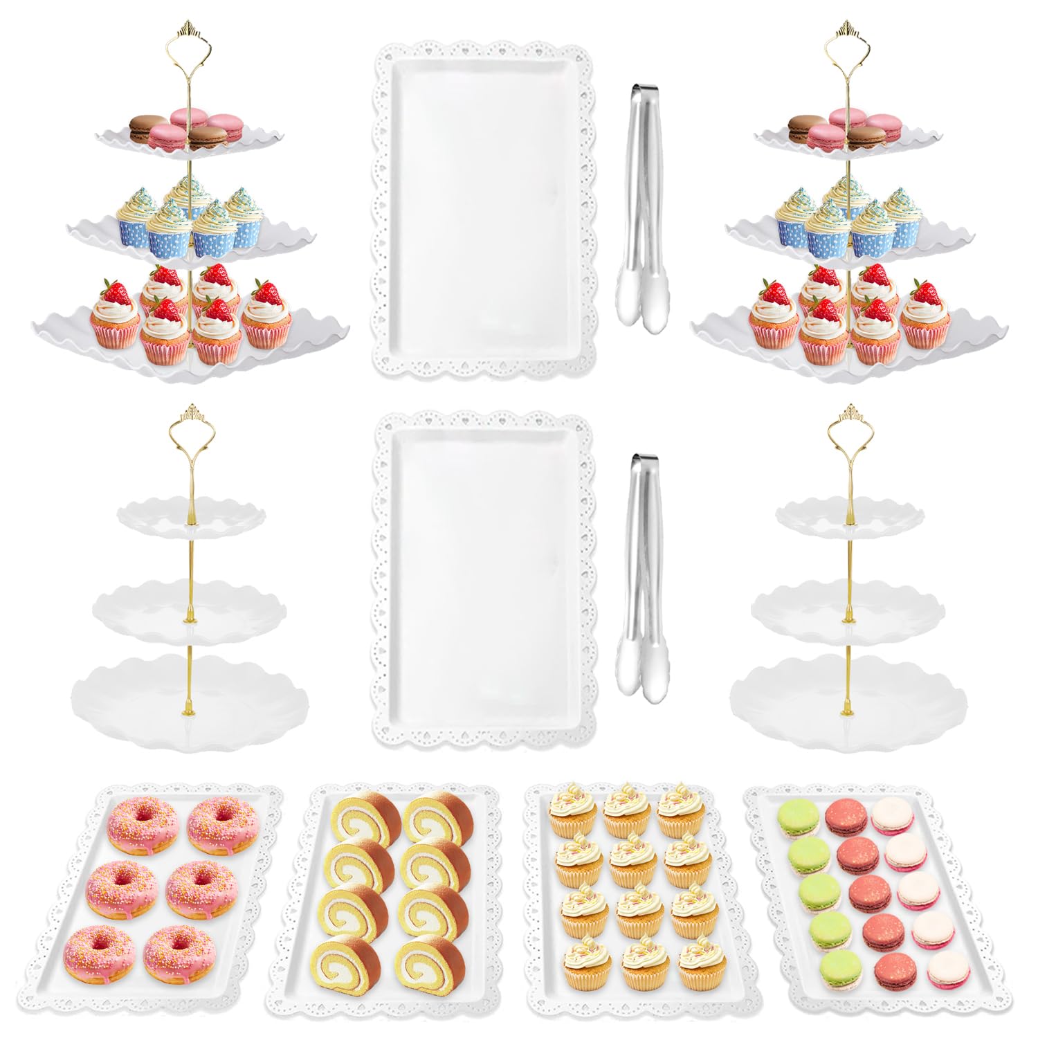 Photo 1 of Auysbytdd 12 Pcs Cake Stand, Dessert Table Display Set, 4 Pcs 3 Tier Cupcake Stand Tower Holder and 6 Pcs Serving Tray and 2 Tongs for Tea Party Baby Shower Birthday, White