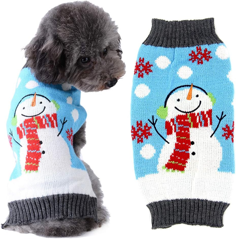 ABRRLO Dog Christmas Jumper Outfits Blue Snowman Ugly Xmas Pet Sweater Puppy Cat Holiday Costume New Year Clothes Gift for Small Medium Large Dogs (Blue Snowman,M)