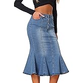 Allegra K Denim Skirt for Women's Washed High Waisted Fishtail Midi Jean Skirts