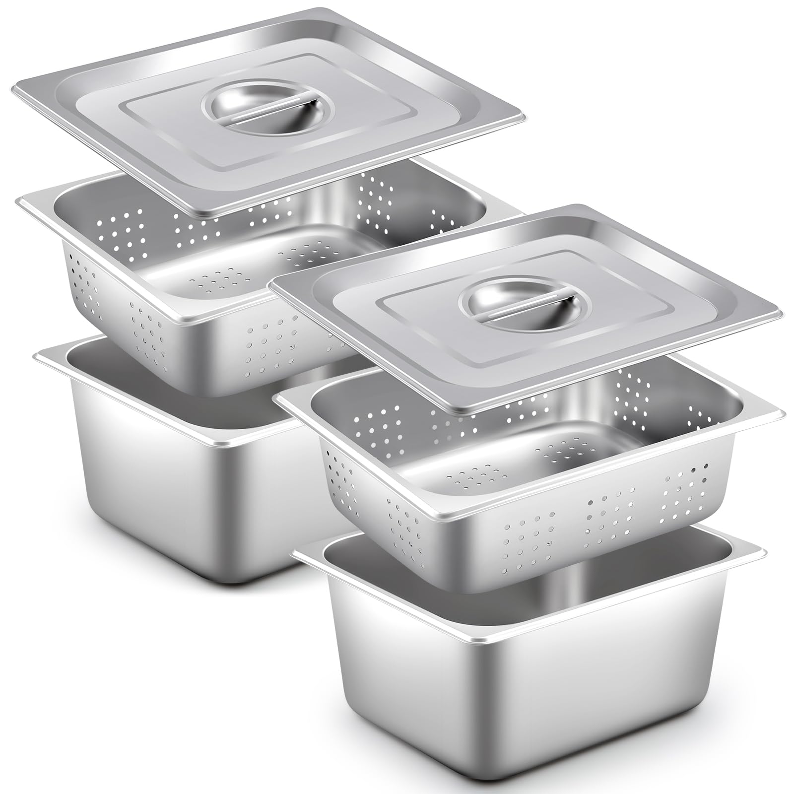 Photo 1 of Mifoci 6 Pcs Full Size Hotel Pan with Lid Set Include 2 Stainless Steel Pan, 2 Perforated Steamer and 2 Steam Table Pot Cover for Restaurant Kitchen Supplies (1/2 Size)