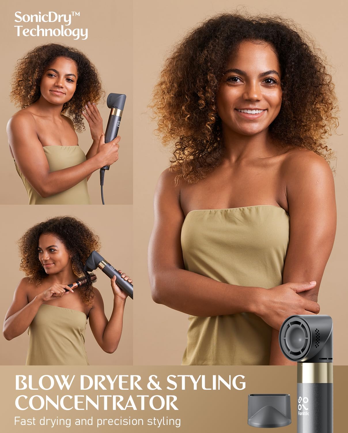 FanttikSolo 6 in 1 AirWave Air Auto Wrap Styler, Ionic Hair Dryer Brush for Curling, Straightening, Volumizing and Drying, Hair Multi-Stylers with Storage Bag, Curlers, Smooth Brush, Concentrator