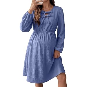 BLENCOT Women's Midi Dress Tie Neck Casual Maternity Dresses Pockets | Long Sleeve, Elastic High Waist, Breathable Maternity