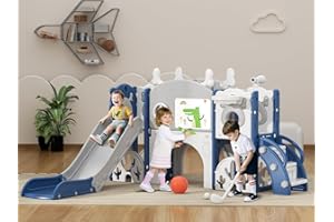 XJD 13 in 1 Toddler Slide Set, Kids Slide for Toddlers Age 1+, New Upgrade with Golf Set, Basketball Hoop, Drawing Board for Indoor Outdoor Playset,Christmas Birthday Gifts for Toddler (Blue Gley)