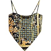 Women's Boho Paisley Print Satin Bandana Top Hanky Hem Tie Back Adjustable Spaghetti Strap Cami Tube Tops