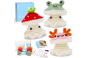 CROCHET BOX Crochet Kit for Beginners: 3 PCS Animal Mushroom Starter Crochet Kits with Step-by-Step Video Tutorials and Yarns, Hook, Accessories, DIY Craft Gift for Adults and Kids(30%+ Yarn)