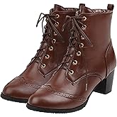UniqueStride Women's Brogue Ankle Boots Lace Up Ankle Bootie with Chunky Block Heel Round Toe Shoes