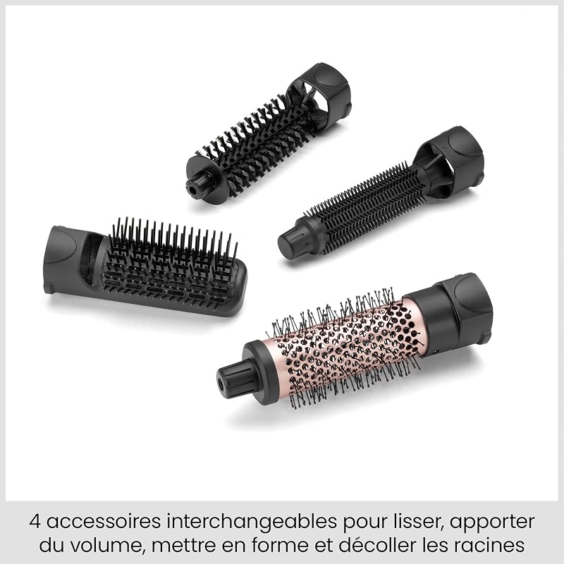 Smooth Finish 1200 – Brosse Soufflante 4‑en‑1 pour Sécher, Lisser, Donner du Volume & Coiffer, Technologie Ionique & Céramique, 4 Accessoires, 1200W, Noir/Rose, AS122E