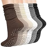 Frstem 6 Pairs Grip Pilates Socks for Women, Non Slip Slouch Scrunch Socks Yoga Barre Workout Boot Fall Winter Slouchy Sock for Hospital Gym Christmas