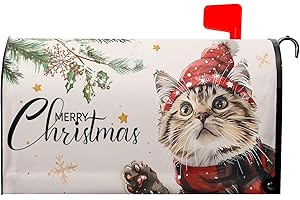 Anyako Merry Christmas Cute Cat Mailbox Covers Magnetic Standard Size 18" X 21",Holly Branches Star White Mailbox Wraps Post Letter Box Cover for Holiday Garden Yard Decor