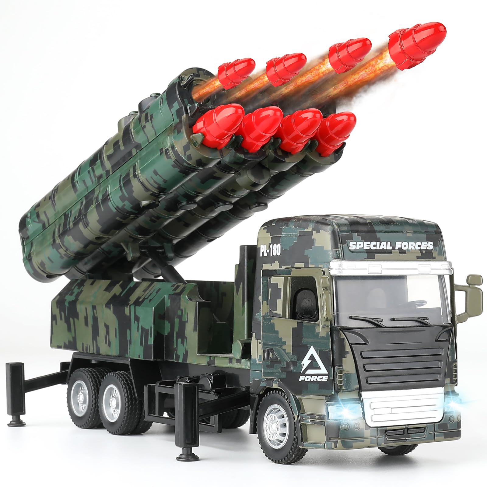 KADAYAYA Army Vehicle Toys for Boys, Military Truck with 8 Missiles Launcher, Die-Cast Army Toy with Sound & Light, Army Toys Gift for 3 4 5 6 7 8 Year Old Kids