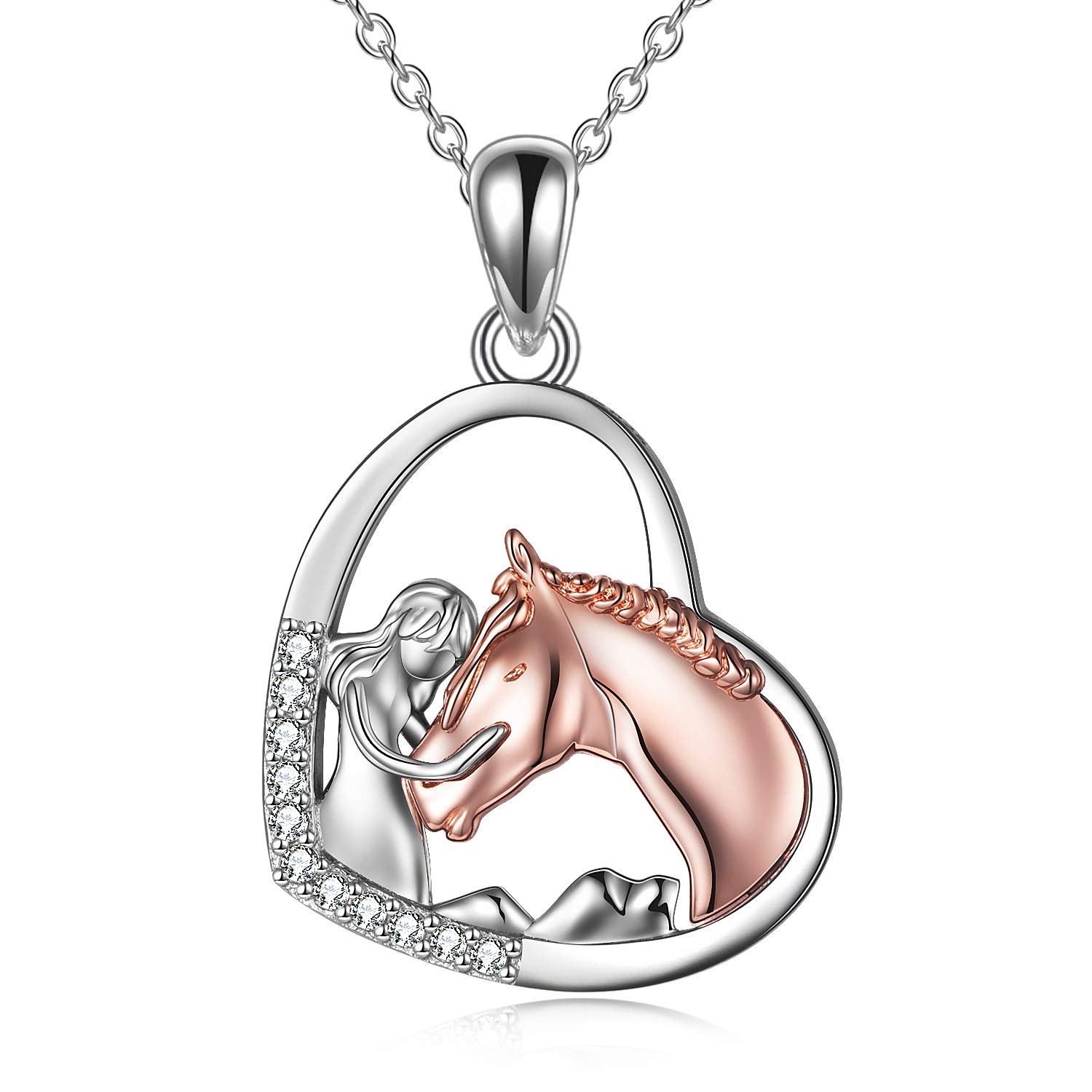 YFN Girl and Horse Necklace for Girls Sterling Silver Horse Jewellery Horse Gifts for Women (Rose Horse with Girl Necklace) — image 1