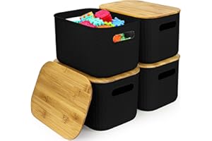 4 Pack Plastic Storage Bins with Bamboo Lids, Stackable Storage Containers with Lids, Storage Baskets for Organizing Desktop,