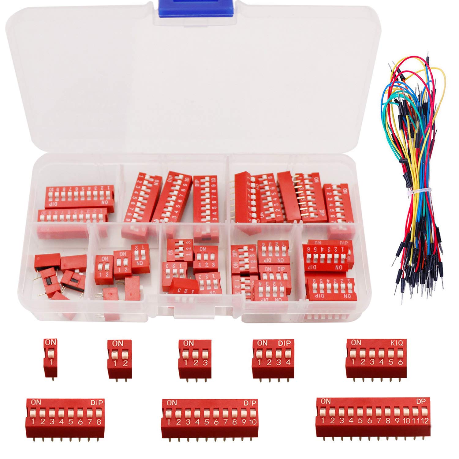 Youmile 40 PCS DIP Switch Assorted Kit Red 1 2 3 4 6 7 8 9 Position 2.54mm On Off Slide Type Switch For Breadboard With Jump Wire
