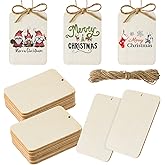 60 Pcs Wooden Tags 2.5 x 3.5 Inch Unfinished Wood Pieces Rectangle Square Wooden Cutouts with Holes Wood Ornaments with 32.8ft Rope for Holiday Gift Tags DIY Craft Hanging Decorations Painting