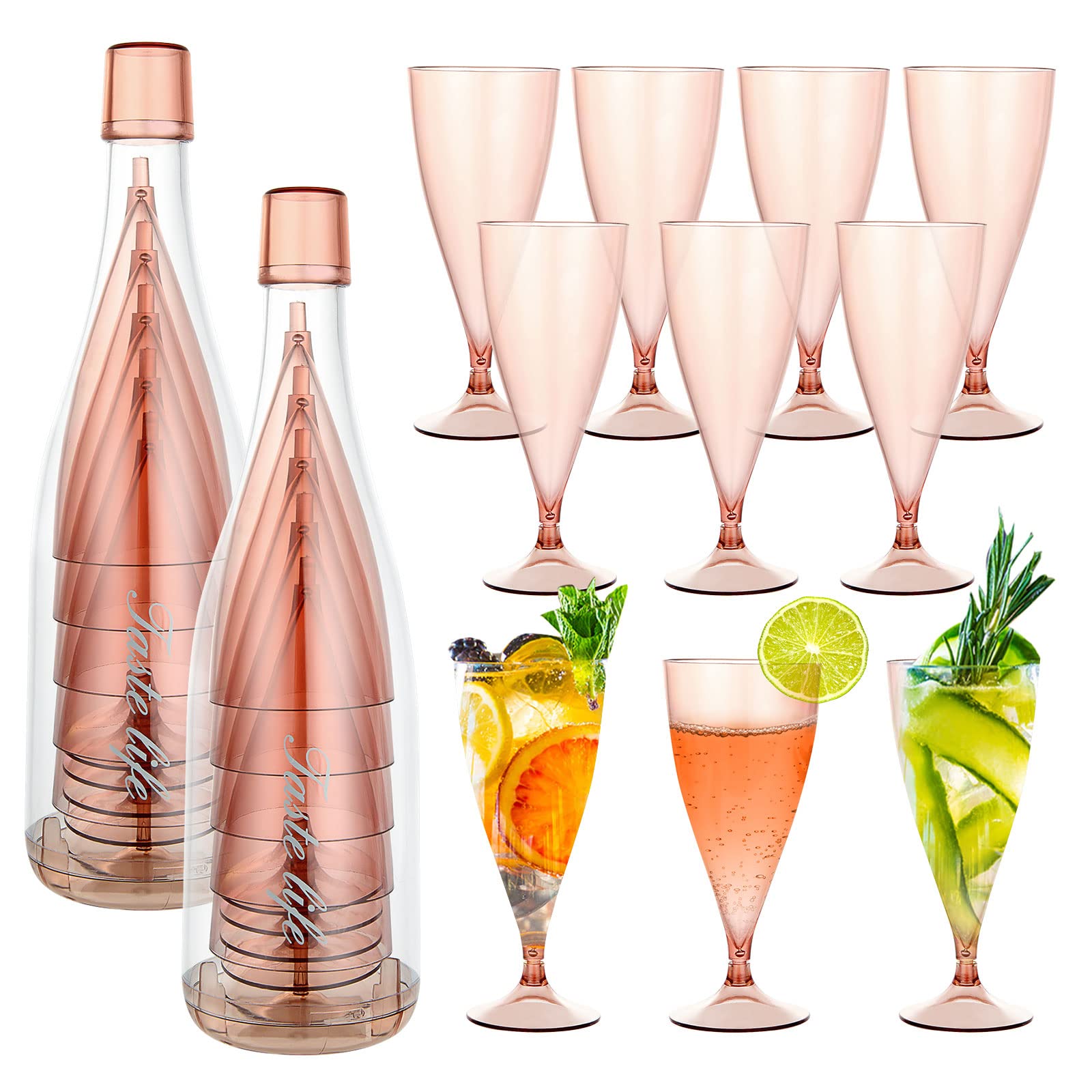 GOYADA 10PCS Plastic Champagne Glasses with Portable Storage Bottle, 150ml/5oz Reusable Plastic Champagne Flutes for Picnic, Parties, Outdoors, Wedding, Birthday, Gathering