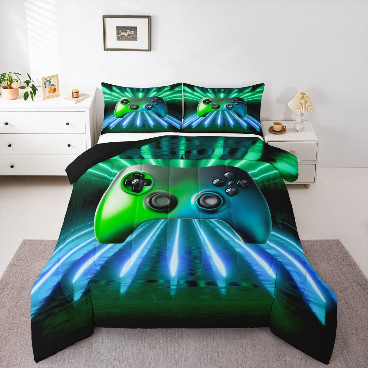 Erosebridal Green Blue Gamepad Comforter Set, Game