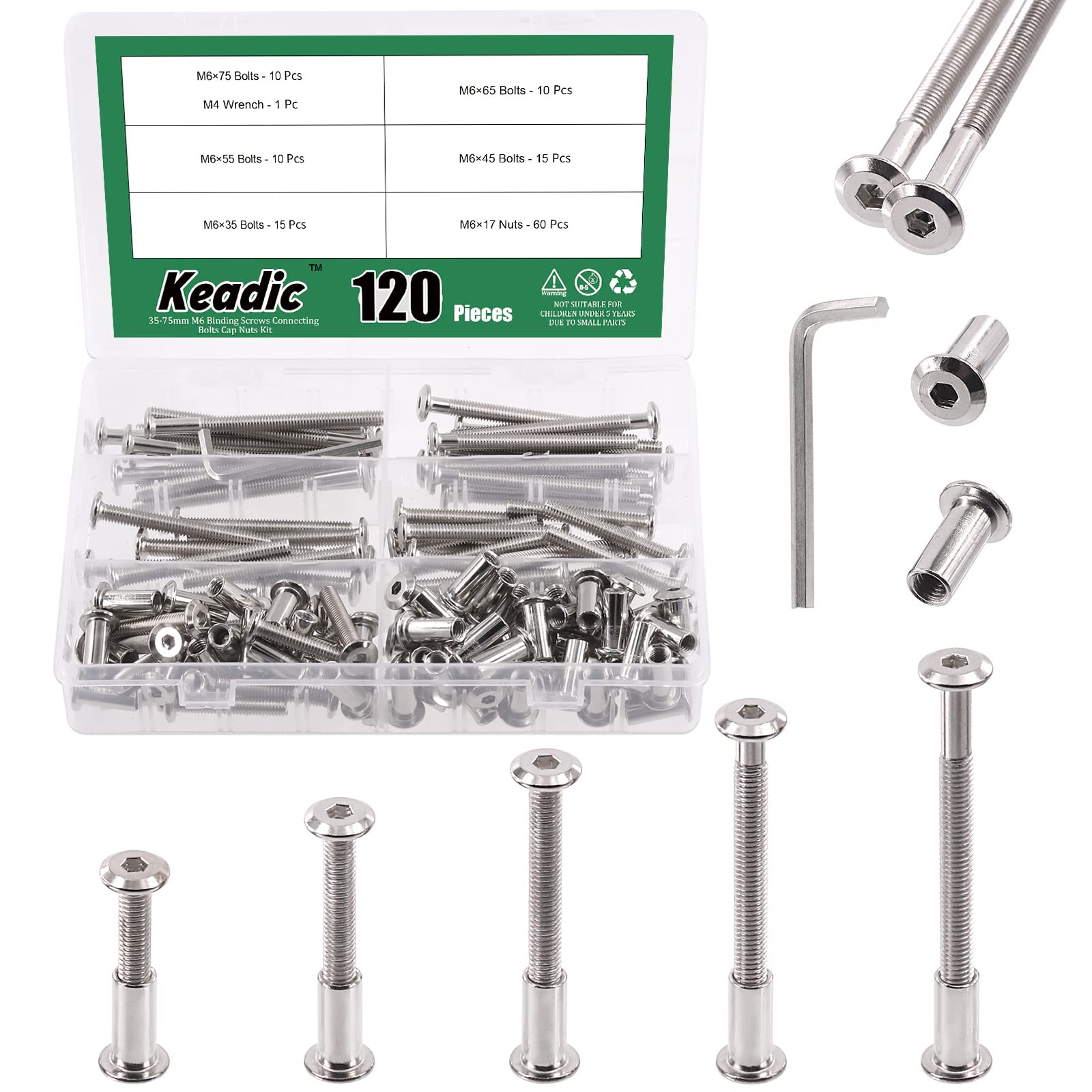 Keadic 121 Pcs Nuts and Bolts Assorted Set, M6 x 35/45/55/65/75mm Socket Cap Bolts Barrel Nuts Kit with Hex Key, Silver Screws Stud Posts Kit, Fastener Set for Bed Chair Table Cabinet